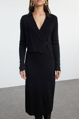 TRENDYOLMILLA Siyah Midi Triko Duz Kruvaze Elbise TWOAW25EL00011 фото 13