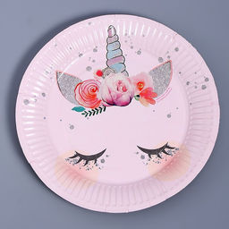 Цена за 10 шт. Тарелка одноразовая бумажная Единорог, 18 см