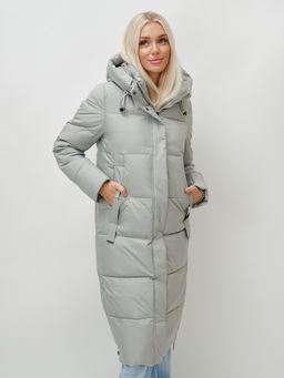 Пальто утепленное стеганное зимнее с капюшоном женское зеленого цвета 9608Z