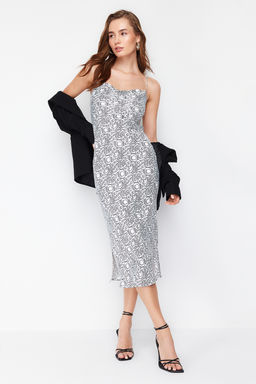 Ekru Degaje Yaka Saten Maxi Dokuma Elbise TWOSS24EL00236