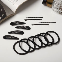 Цена за 6 шт. Набор для волос «Классика люкс», 10 резинок, 4 заколки, 4 невидимки 4.5 см, чёрный