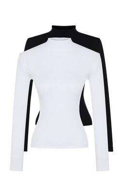 Trendyolmilla Siyah-Beyaz 2li Paket Fitilli Dik Yaka Fitted/Vucuda Oturan Uzun Kol Esnek Orme Bluz TWOAW24BZ00257