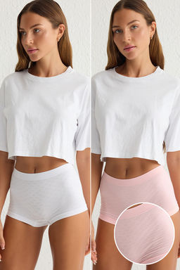 TRENDYOLMILLA Beyaz-Pembe 2li Paket Seamless/Dikissiz Kalpli Boxer Orme Kulot THMSS25KU00009