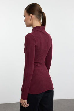 Bordo Fitted/Vucuda Oturan Dugme Detayl? Fitilli Esnek Orme Bluz TWOAW25BZ00224 - Trendyolmilla фото 5