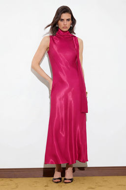 Fusya Duz Dokuma Saten Midi Astars?z S?k/Gece Elbise