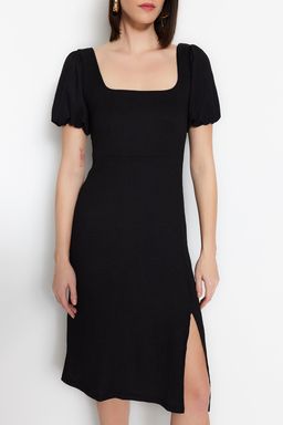 TRENDYOLMILLA Siyah Kare Yaka Balon Kol A-Line Y?rtmac Detayl? Burumcuk/Dokulu Midi Orme Elbise TWOSS23EL01533  фото 3