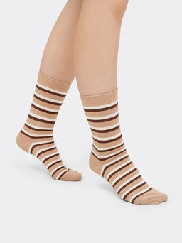 Цена за 5 пар! Женские высокие полосатые носки в оттенке капучино