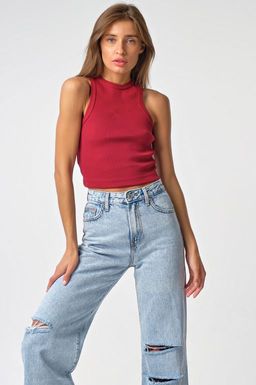 Кроп-топ трикотажный с американской проймой из хлопка бордовый