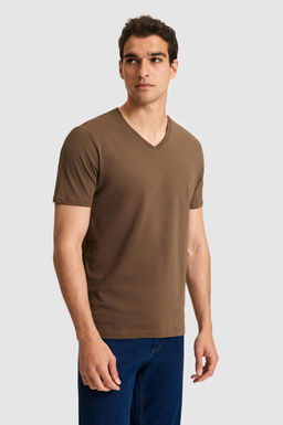 Erkek Regular Fit V Yaka Kahverengi Basic Ti__rt