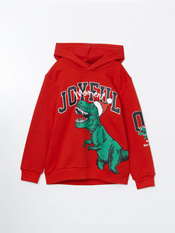 Kap??onlu Y?lba?? Temal? Dinozor Bask?l? Erkek ?ocuk Kal?n Sweatshirt