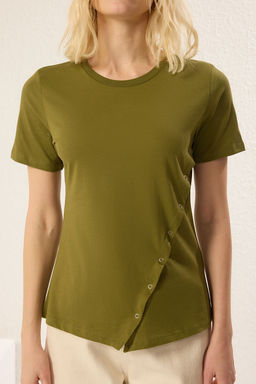 TRENDYOLMILLA Siyah %100 Pamuk Regular/Normal Kal?p C?tc?tl? Y?rtmac Detayl? Orme T-Shirt TWOSS25TS00029  фото 3