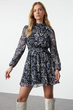 Lacivert Kusakl? Etegi Volanl? Boho Astarl? Sifon Mini Dokuma K?sl?k Elbise TWOAW24EL00665