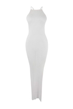 Ekru Vucuda Oturan Maxi Triko S?rt Dekolteli Plaj Elbisesi TBESS24EL00054