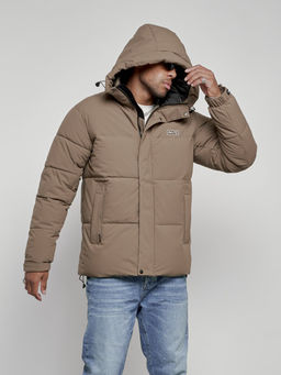 Куртка молодежная мужская зимняя с капюшоном коричневого цвета 8356K
