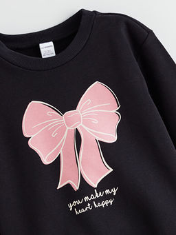 Fiyonk Bask?l? K?z ?ocuk Kal?n Sweatshirt