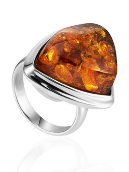 Кольцо из натурального искрящегося янтаря в элегантном обрамлении Глянец