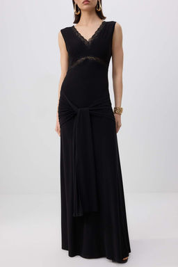 Siyah Derin V Yaka Dantel Detayl? Orme Astarl? Maxi Abiye & Mezuniyet Elbisesi TPRSS26AE00047 - Trendyolmilla фото 3
