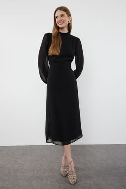 Siyah A Kesim S?rt Detayl? Astarl? Midi Sifon Dokuma K?sl?k Elbise TWOAW25EL00172