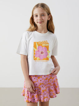 Bisiklet Yaka ?i?ekli K?z ?ocuk Ti??rt ve Etek