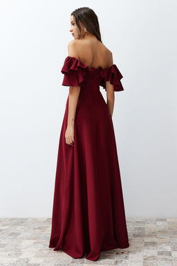 Bordo A-Kesim Volanl? Dokuma Uzun S?k Abiye Elbise TPRSS24AE00054