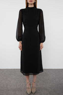 Siyah A Kesim S?rt Detayl? Astarl? Midi Sifon Dokuma K?sl?k Elbise TWOAW25EL00172 - Trendyolmilla фото 5