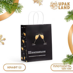 Цена за 2 шт. Пакет бумажный подарочный новогодний крафт, "Шампаньон" , 27 х 21 х 11 см.