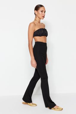 Siyah Nervurlu Beli Lastikli Flare/Ispanyol Paca Yuksek Bel Orme Pantolon TWOSS20PL0342