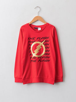 Bisiklet Yaka The Flash Bask?l? Uzun Kollu Pamuklu Erkek ?ocuk Ti??rt