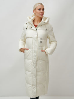 Пальто утепленное стеганное зимнее с капюшоном женское бежевого цвета 9611B - Mtforce фото 13