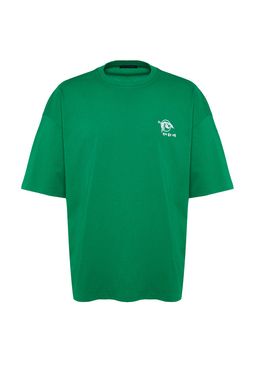 Yesil Oversize/Genis Kesim Uzak Dogu Bask?l? K?sa Kol %100 Pamuklu T-Shirt TMNSS23TS00170