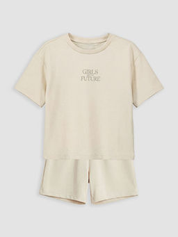 Yaz? Bask?l? K?z ?ocuk Ti??rt ve ?ort Tak?m