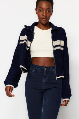 Lacivert Crop Renk Bloklu Dik Yaka Triko H?rka TWOAW24HI00238