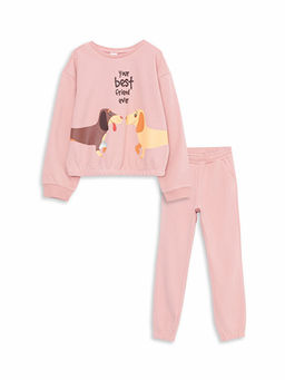 Bisiklet Yaka Bask?l? Uzun Kollu K?z ?ocuk Sweatshirt ve E?ofman Alt?