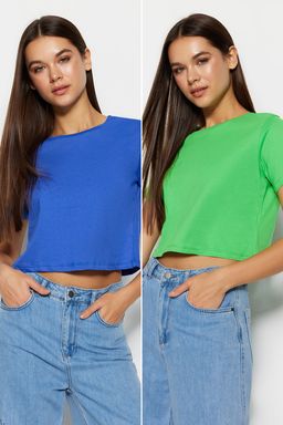 Mavi-Yesil 2li Paket %100 Pamuk Crop Bisiklet Yaka Orme T-Shirt TWOSS20TS1480