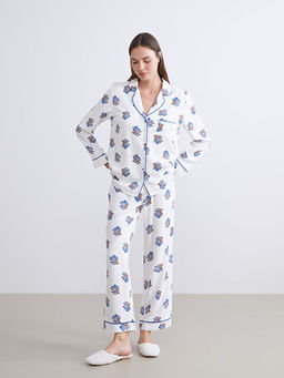 G?mlek Yaka ?i?ekli Kad?n Pijama Tak?m?