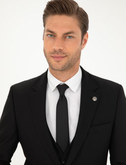 Siyah Slim Fit Yelekli Tak_m Elbise