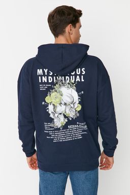 TRENDYOL MAN Lacivert Oversize/Genis Kesim Kapusonlu Bask?l? Ici Polar/S?cak Tutan Sweatshirt TMNAW23SW00020 - Trendyolmilla фото 5