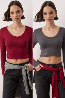 Trendyolmilla Siyah-Ekru 2li Paket Fitted/Vucuda Oturan Orme Bluz TWOAW25BZ00306 фото 6