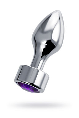 Анальная втулка Штучки-дрючки, металл, серебряная, с кристаллом фиолетовым, 9,5 см, 3,5 см, 130