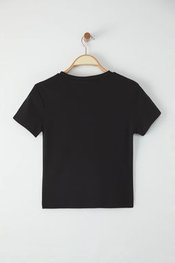 TRENDYOLMILLA Siyah Fiyonk Detayl? Bask?l? Fitted/Vucuda Oturan Orme T-Shirt TWOSS25TS00113  фото 6