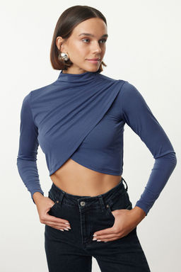 Trendyolmilla Bordo Dik Yaka Drapeli Crop Bluz TWOAW24BZ00164  фото 2