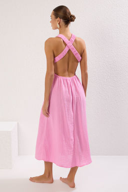 Plaj Giyim Pembe Dokuma S?rt Dekolteli Maxi Elbise TBESS25EL00070