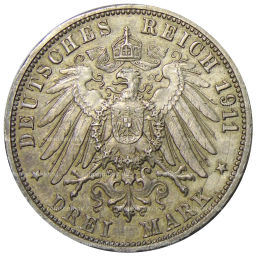 3 марки 1911 года F Германия (Вюртемберг) 25 лет свадьбе Вильгельма II и Шарлотты