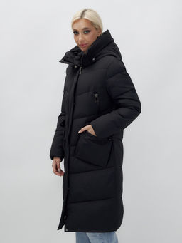 Пальто утепленное стеганное зимнее с капюшоном женское черного цвета 9639Ch - Mtforce фото 11
