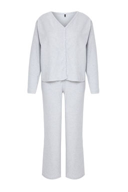 Gri Melanj Pamuklu F?rcal? Soft Fitilli H?rka Orme Pijama Tak?m? THMAW25PT00074