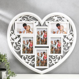 Фоторамка - коллаж на 6 фото 10?15 см Сердце ажурное, пластик, мультирамка, белая, 56?51 см