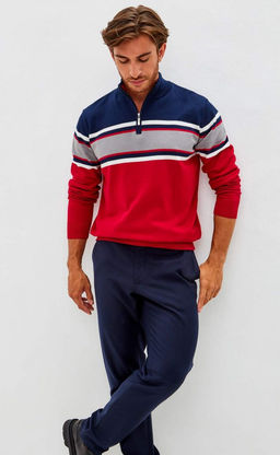 Джемпер мужской в полоску с воротом на молнии F221-15-22022 сине-красный - Fine joyce фото 11