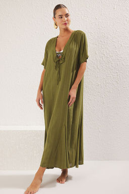 Haki Dokuma Baglama Detayl? Maxi Plaj Elbise TBESS25EL00022