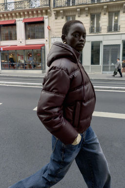 WATER-REPELLENT WINDPROOF QUILTED FAUX LEATHER ANORAK