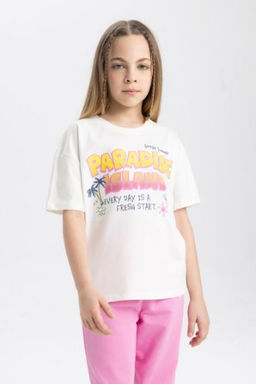 K?z Cocuk Relax Fit Bisiklet Yaka Bask?l? K?sa Kollu Tisort